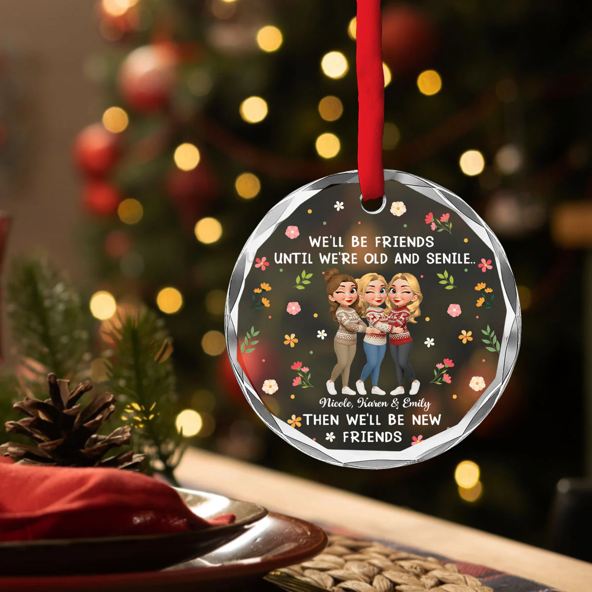 Friendship Keeps Our Hearts Young - Personalized Custom Glass Ornament - Image 3
