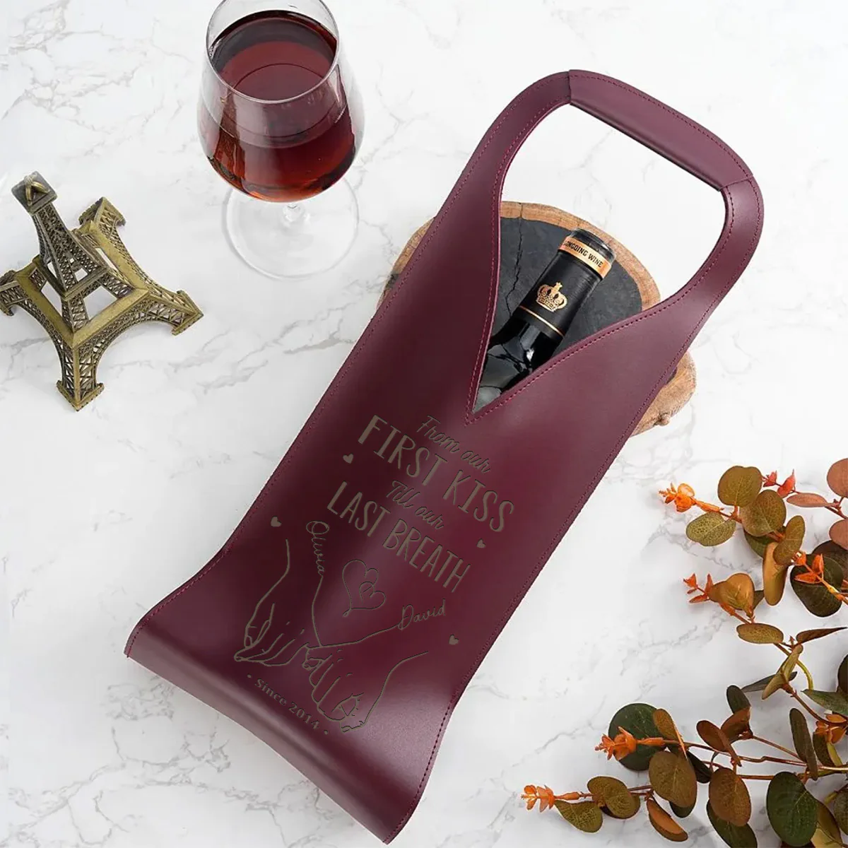 From Our First Kiss Till Our Last Breath - Personalized Custom Engraved Leather Wine Bag - Image 4