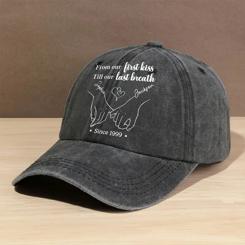 From Our First Kiss Till The Last - Personalized Custom Vintage Washed Denim Cap - Image 4
