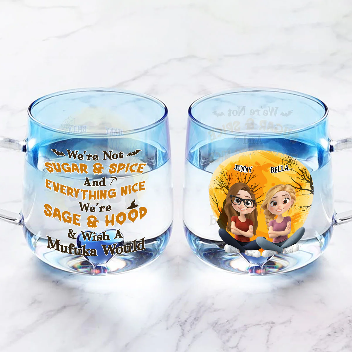Funny Witch Friends - Personalized Custom Funny Witch Friends - Personalized Custom Blue Gradient Glass Mug - Image 3