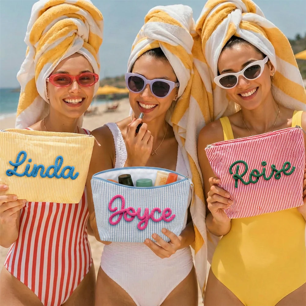 Girls Name - Personalized Custom Seersucker Makeup Bag - Image 2