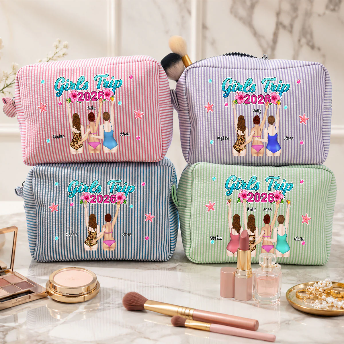 Girls Trip - Personalized Custom Seersucker Print Makeup Bag - Image 3