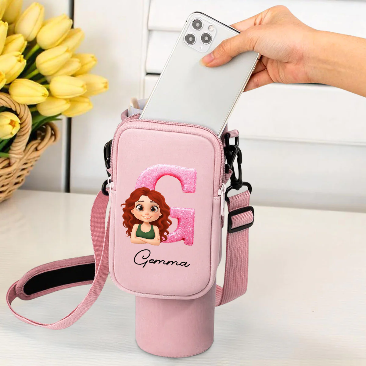 Glitter Alphabet Cartoon - Personalized Custom Water Bottle Carrier Bag - Image 3