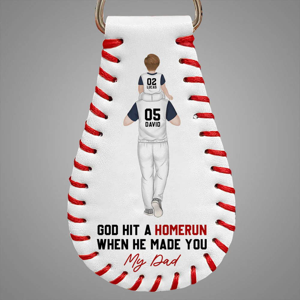 God Hit A Homerun When He Made You My Dad  - Personalized Custom Leather Baseball Keychain
