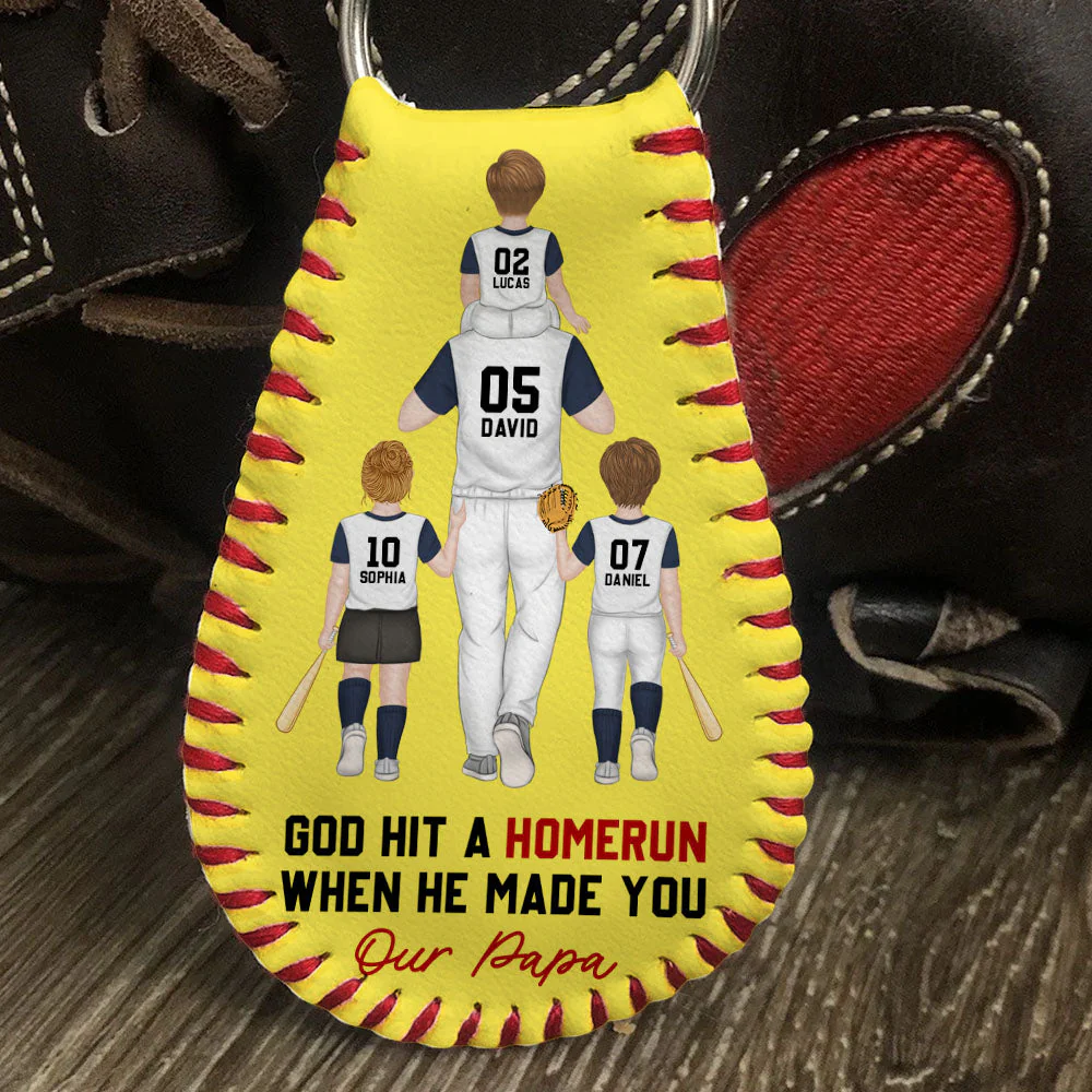 God Hit A Homerun When He Made You My Dad  - Personalized Custom Leather Baseball Keychain - Image 3