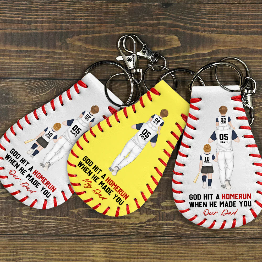 God Hit A Homerun When He Made You My Dad  - Personalized Custom Leather Baseball Keychain - Image 4
