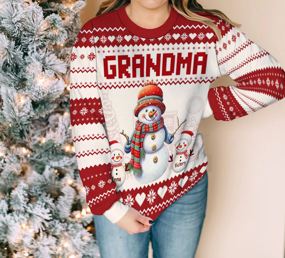 Grandma And Grandkids Snowman Christmas - Personalized Custom All-Over-Print Sweatshirt - Image 2