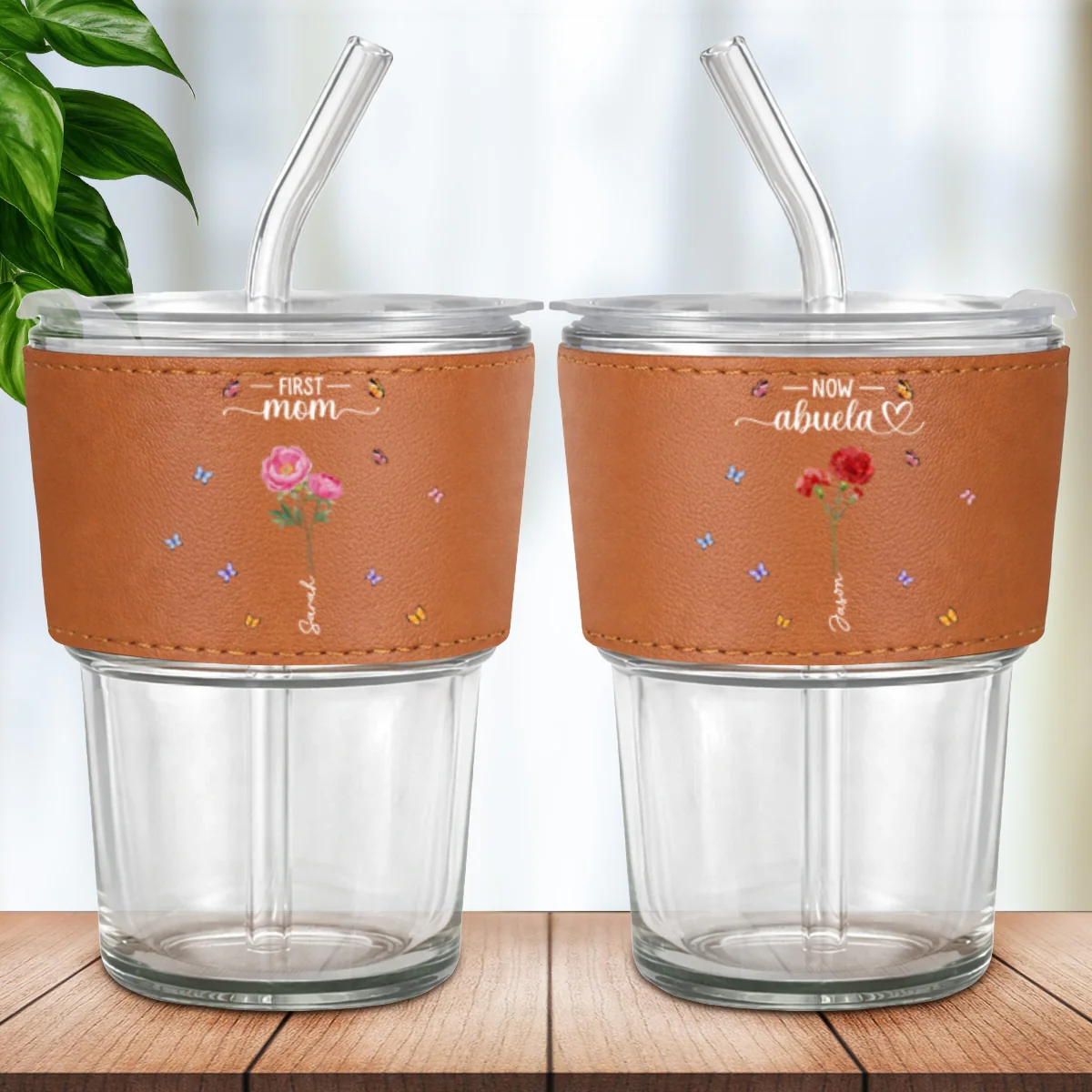 Grandma Birthmonth Flower - Personalized Custom Leather Glass Cup - Image 7