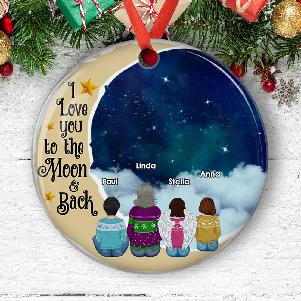 Grandma Grandkids On Moon - Personalized Custom Circle Ceramic Ornament - Image 3