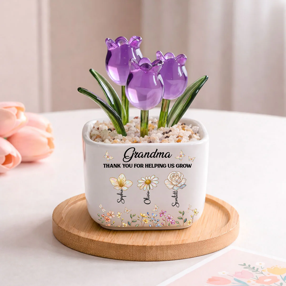 Grandma Helping Me Grow - Personalized Custom Glass Everlasting Tulips
