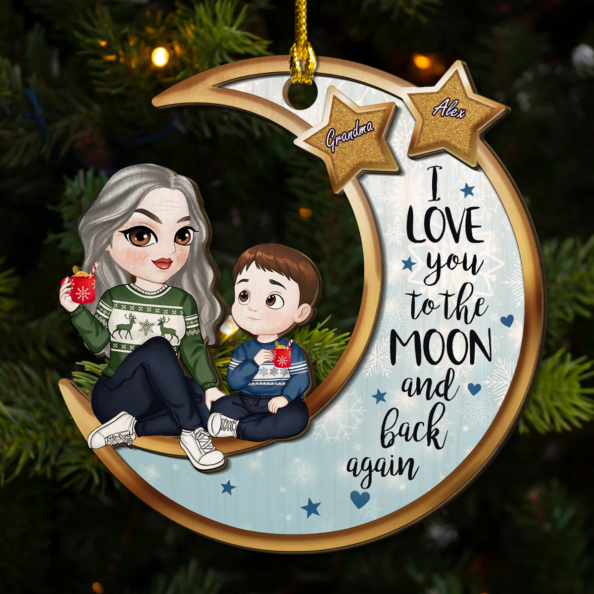 Grandparents And Grandkid On The Moon - Personalized Custom 2-Layered Wood Ornament