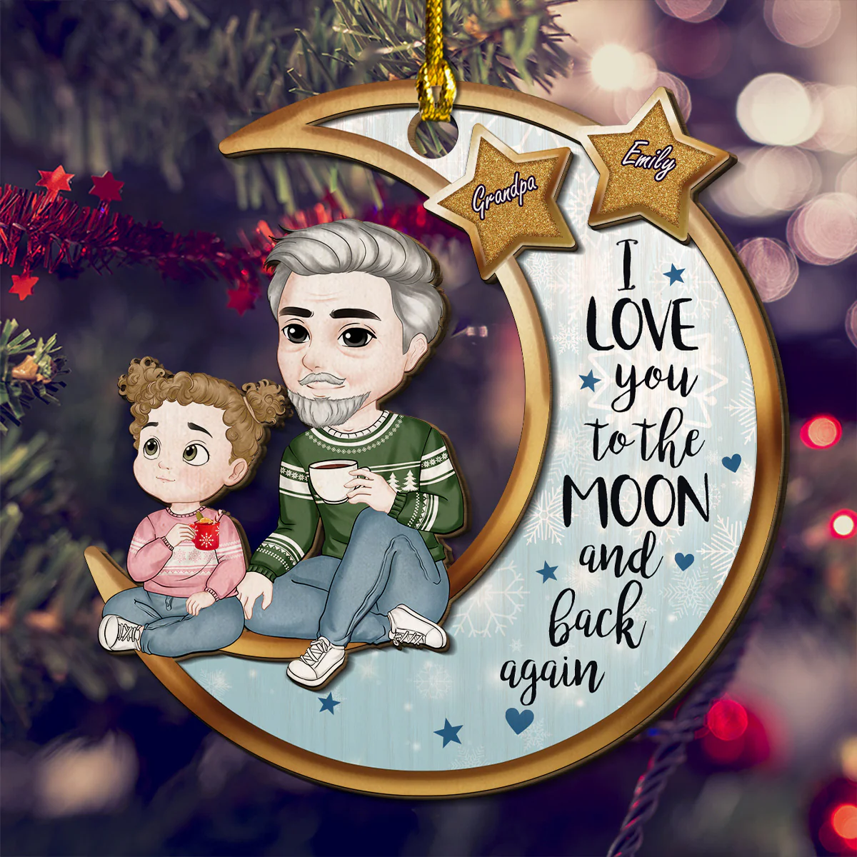 Grandparents And Grandkid On The Moon - Personalized Custom 2-Layered Wood Ornament - Image 2