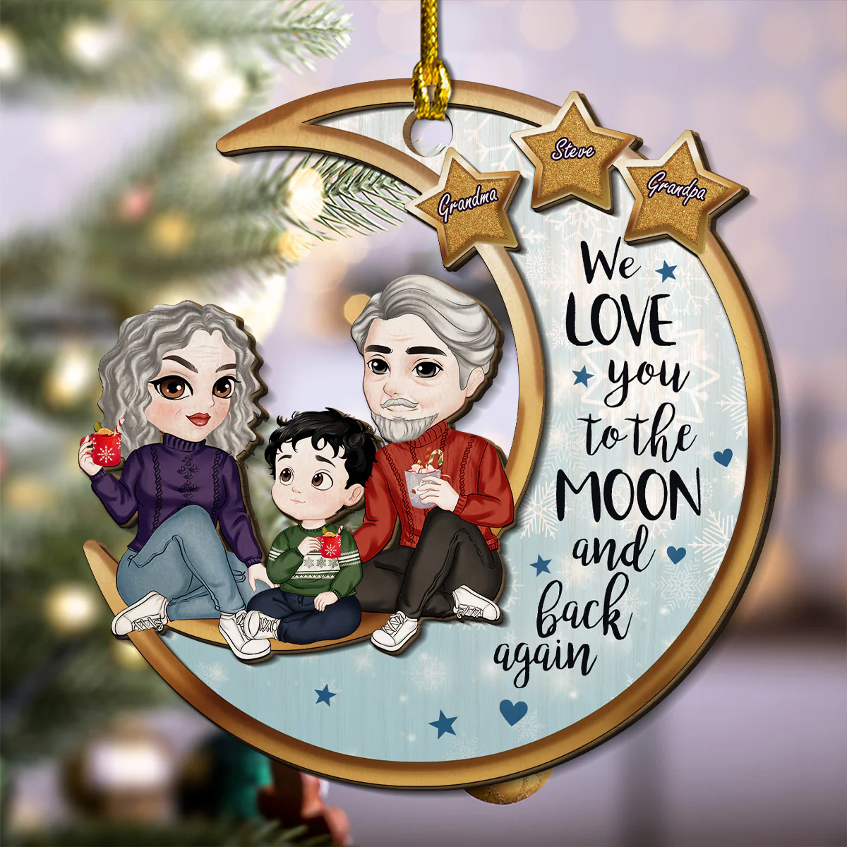 Grandparents And Grandkid On The Moon - Personalized Custom 2-Layered Wood Ornament - Image 3