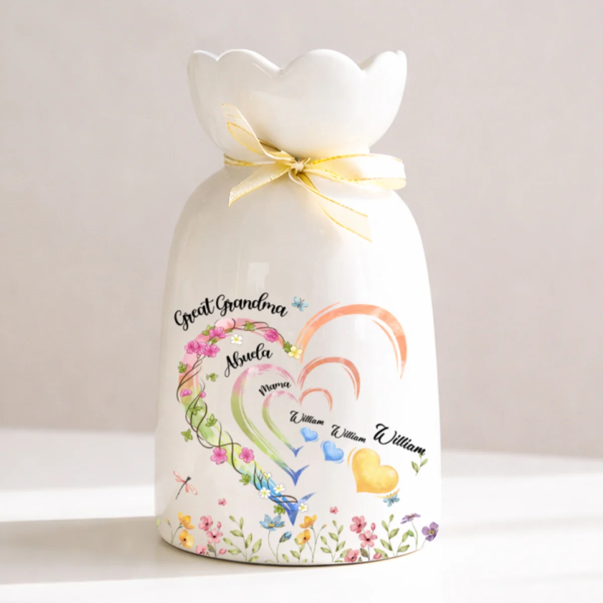 Great Grandma Heart - Personalized Custom Ribbon Tie Flower Vase - Image 6
