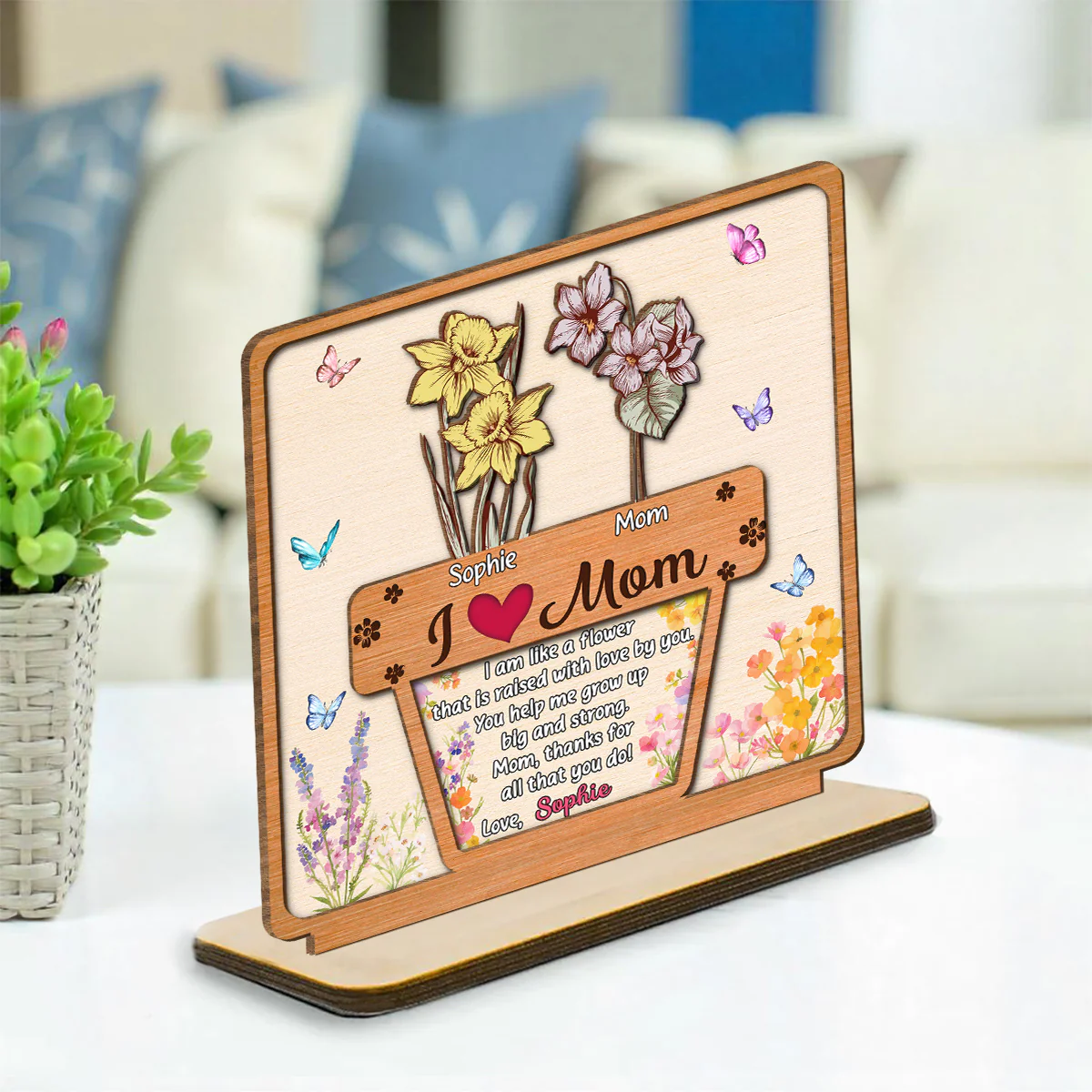 Growing Love Flower - Personalized Custom 2-Layer Wood Plaque With Flat Base - Image 2