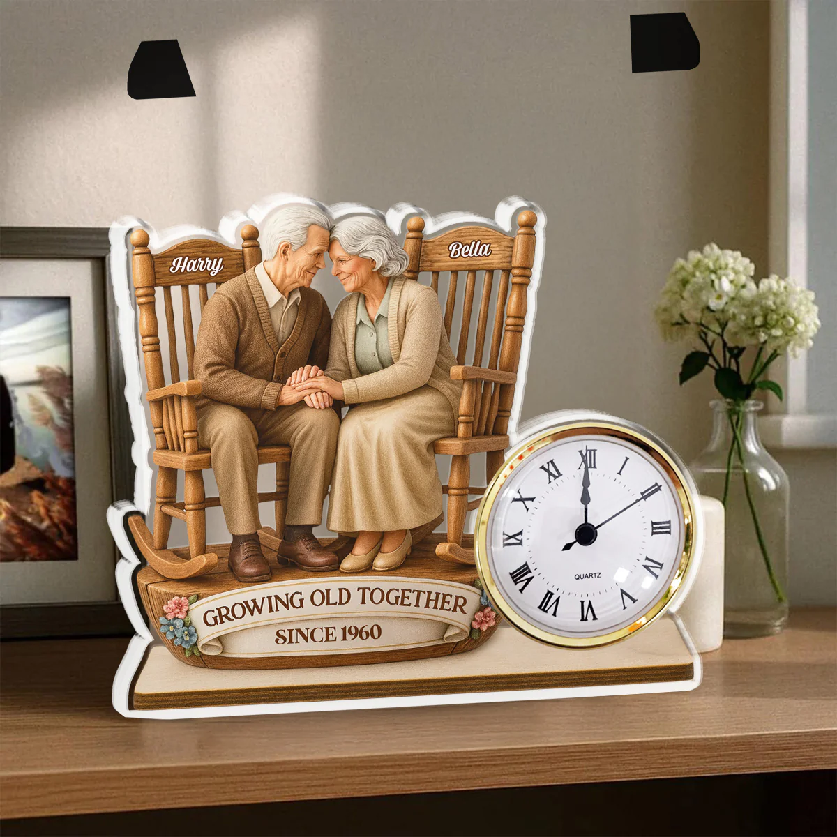 Growing Old Together - Personalized Custom Acrylic Desk Clock Plaque - Image 3
