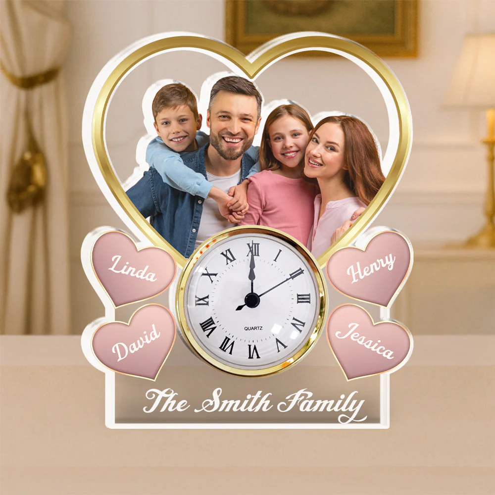 Heart Family Photo - Personalized Custom Acrylic Desk Clock Plaque - Image 2