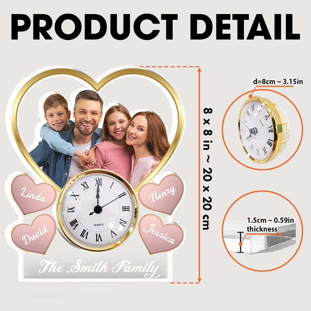 Heart Family Photo - Personalized Custom Acrylic Desk Clock Plaque - Image 6