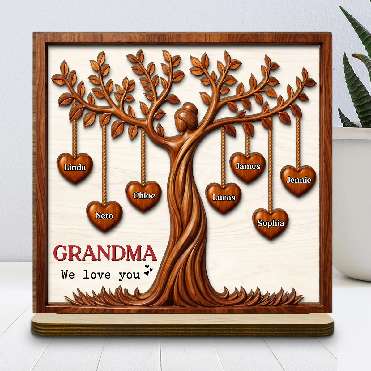 Hearts Tree - Personalized Custom 2-Layer Wood Plaque With Flat Base - Image 2
