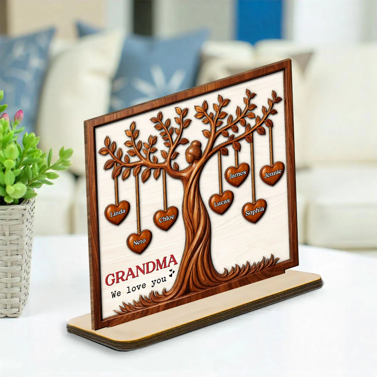 Hearts Tree - Personalized Custom 2-Layer Wood Plaque With Flat Base - Image 3