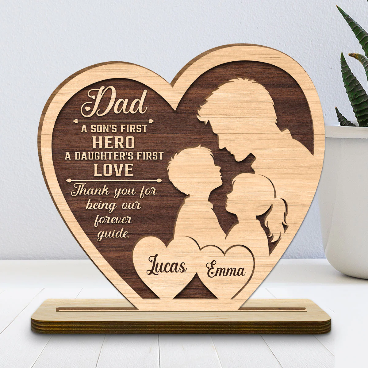 Hero Of Son Love Of Daughter - Personalized Custom 2-Layer Wood Plaque With Flat Base - Image 2