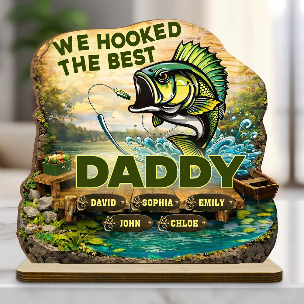 Hooked The Best Dad - Personalized Custom 2-Layer Wood Plaque With Flat Base