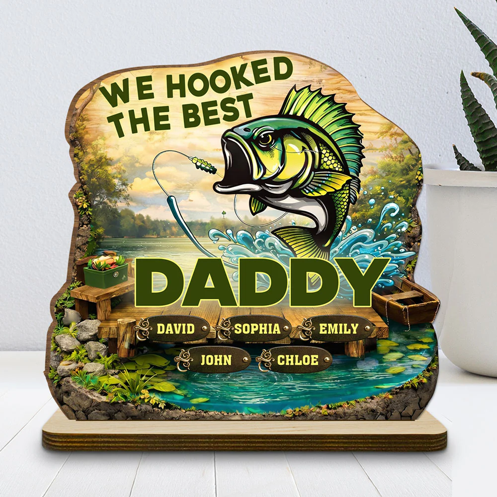 Hooked The Best Dad - Personalized Custom 2-Layer Wood Plaque With Flat Base - Image 2