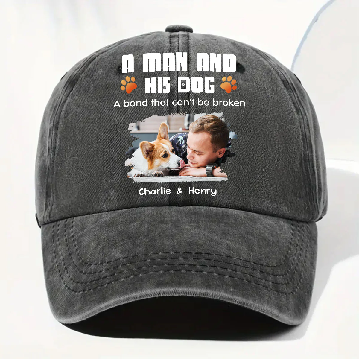 Human And Their Dog Cartoon Photo - Personalized Custom Vintage Washed Denim Cap
