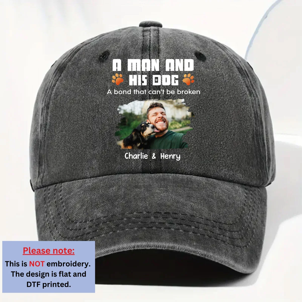 Human And Their Dog Cartoon Photo - Personalized Custom Vintage Washed Denim Cap - Image 4