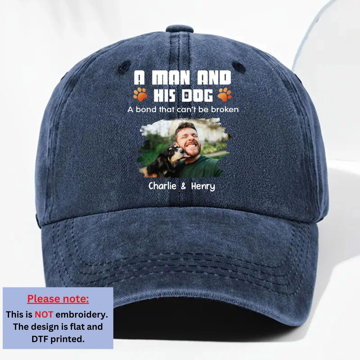 Human And Their Dog Cartoon Photo - Personalized Custom Vintage Washed Denim Cap - Image 6