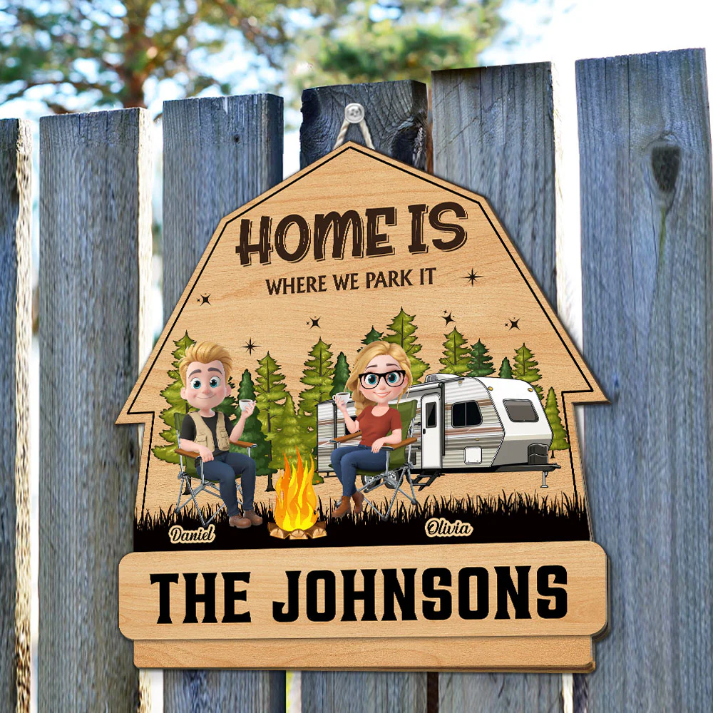 Husband And Wife Camping Partners For Life Cartoonize - Personalized Custom Wood Sign - Image 2