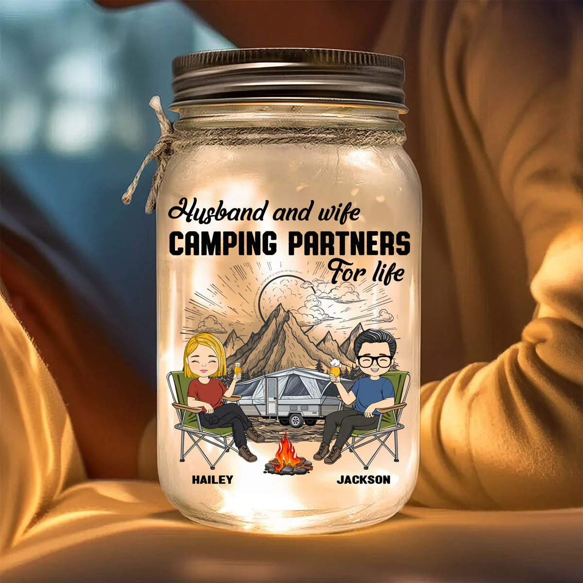 Husband And Wife Camping Partners For Life - Personalized Custom Mason Jar Light - Image 3