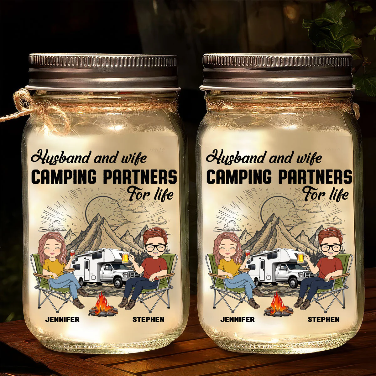 Husband And Wife Camping Partners For Life - Personalized Custom Mason Jar Light - Image 4