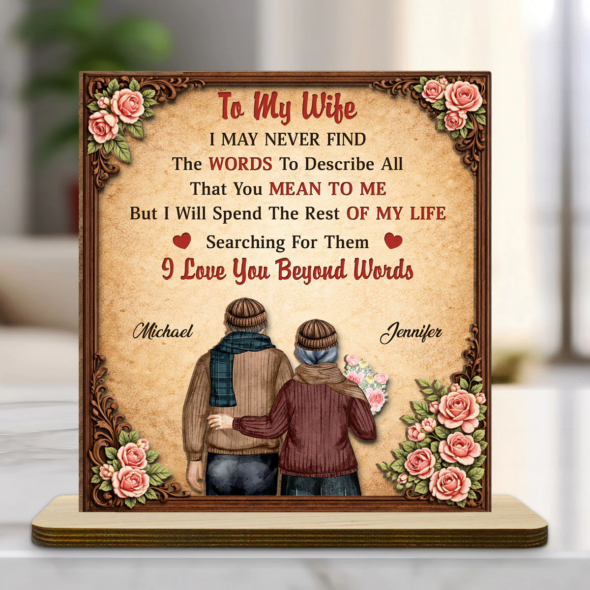 I Love You Beyond Words - Personalized Custom 2-Layer Wood Plaque With Flat Base