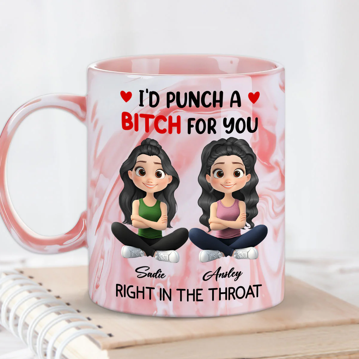 I Punch A Bitch For You My Friend Chibi Cartoon - Personalized Custom Pink Marble Mug - Image 4