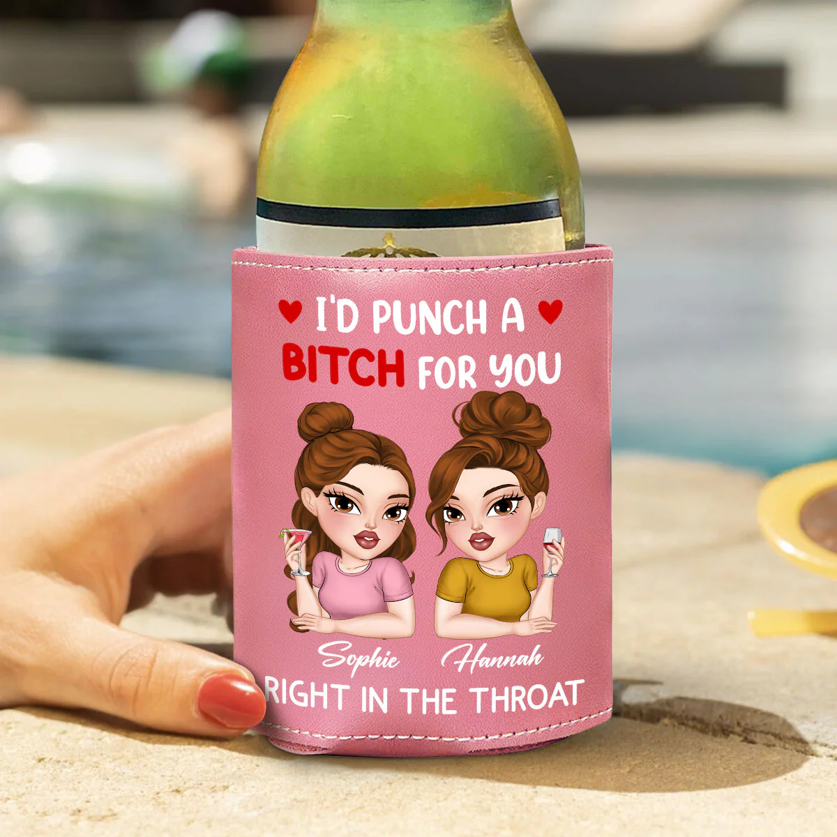 I Punch A Bitch For You My Friend - Personalized Custom Pink Leather Can Cooler Holder - Image 2