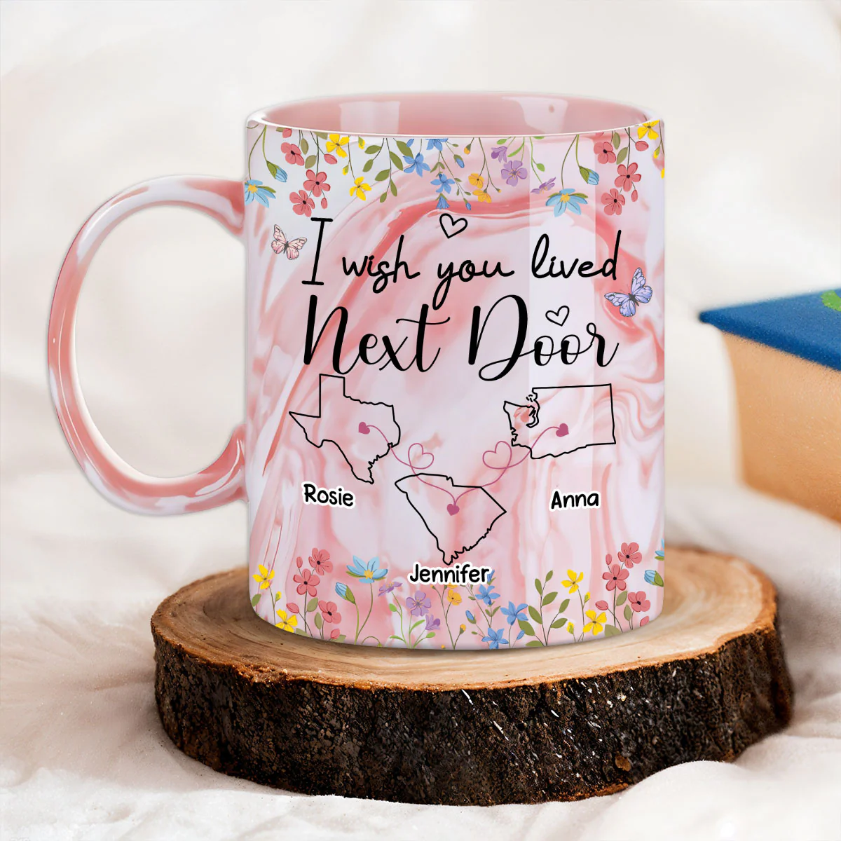 I Wish We Lived Closer Floral Version - Personalized Custom Pink Marble Mug - Image 2