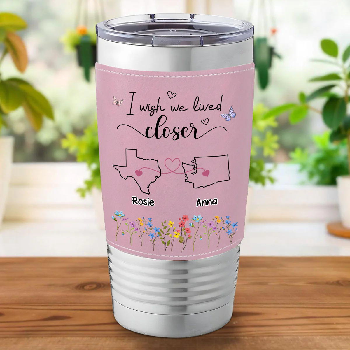 I Wish We Lived Closer - Personalized Custom Pink Leather Tumbler - Image 2