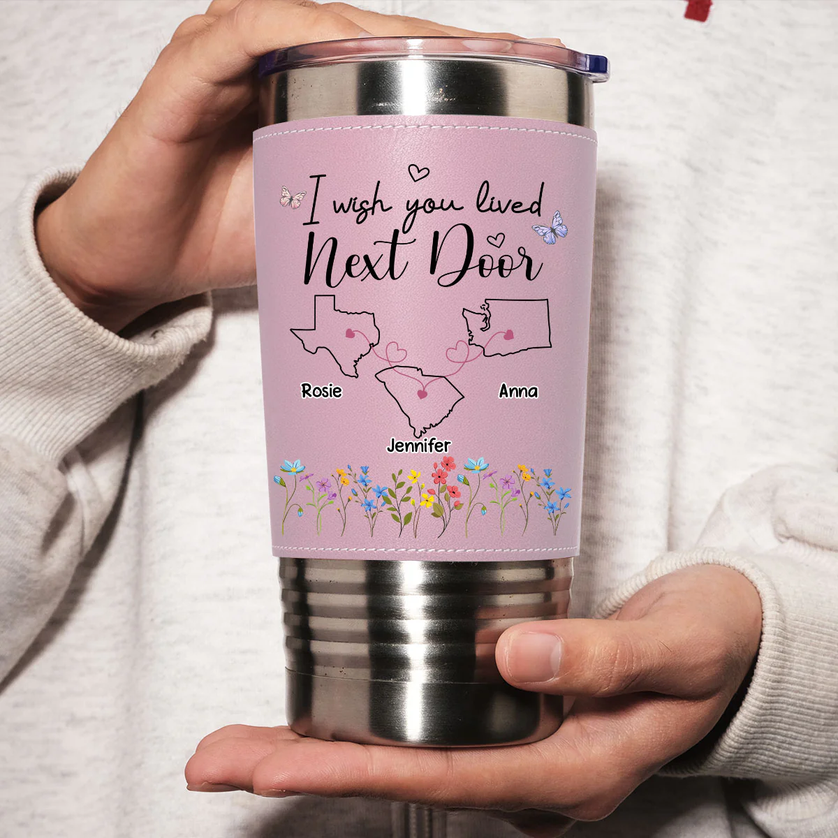 I Wish We Lived Closer - Personalized Custom Pink Leather Tumbler - Image 4