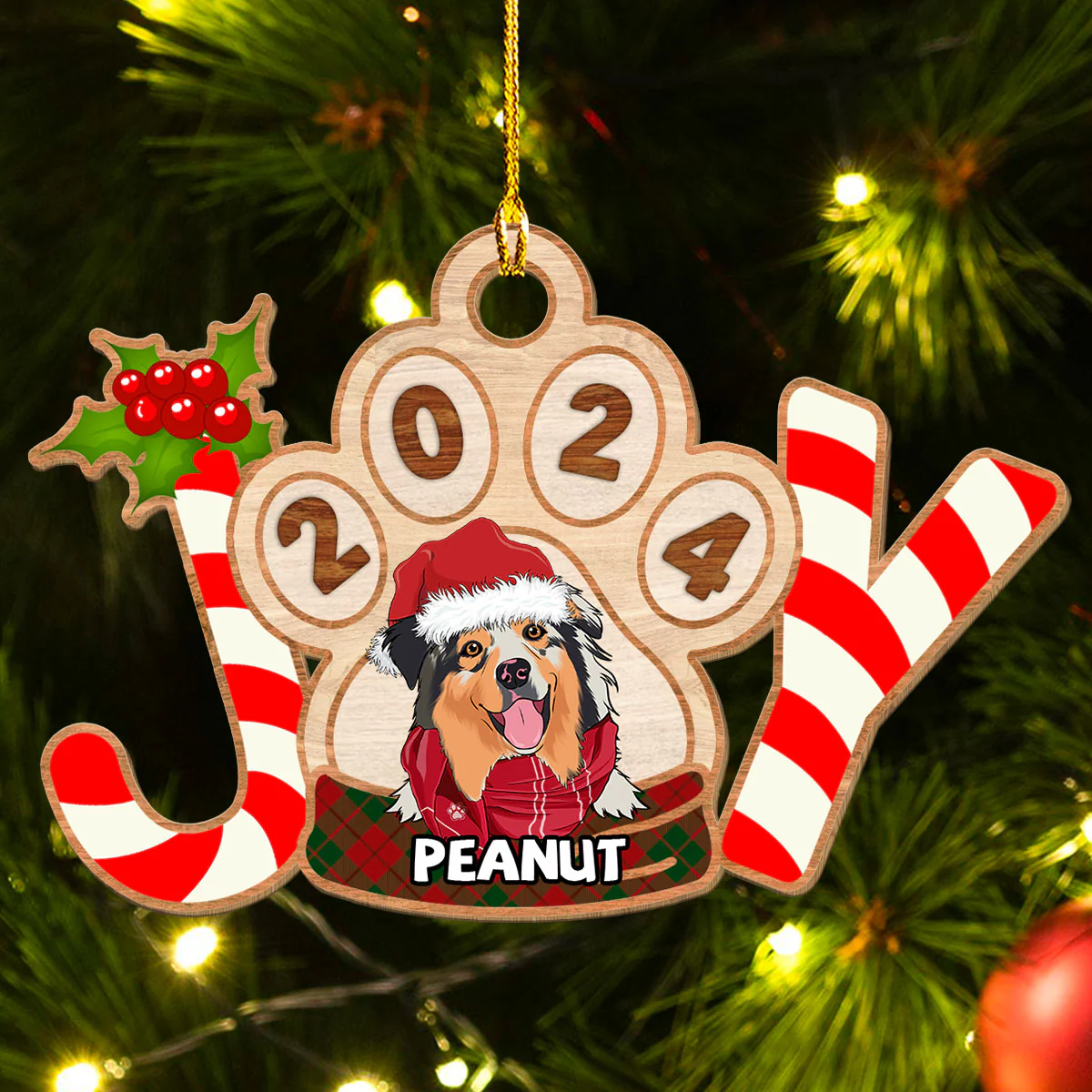 Joyful Dog 2024 - Personalized Custom 1-layered Wood Ornament - Image 4