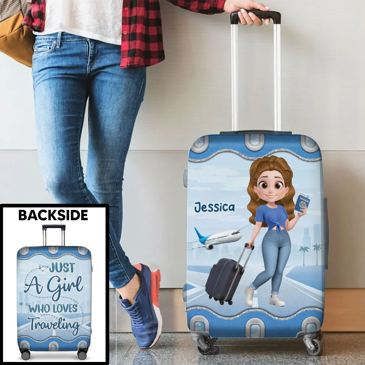 Just A Girl Who Loves Traveling Cartoonize - Personalized Custom Luggage Cover - Image 2