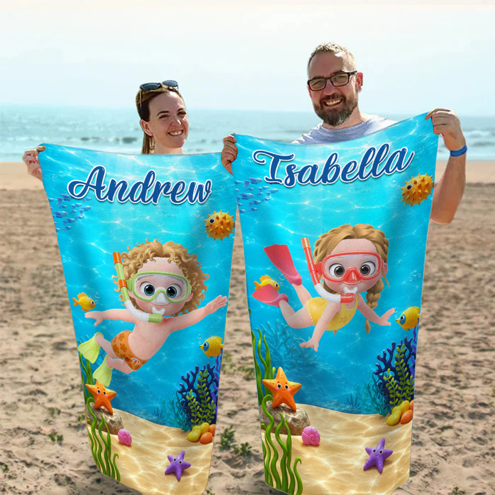 Kids Grandkids Swimming - Personalized Custom Beach Towel - Image 3