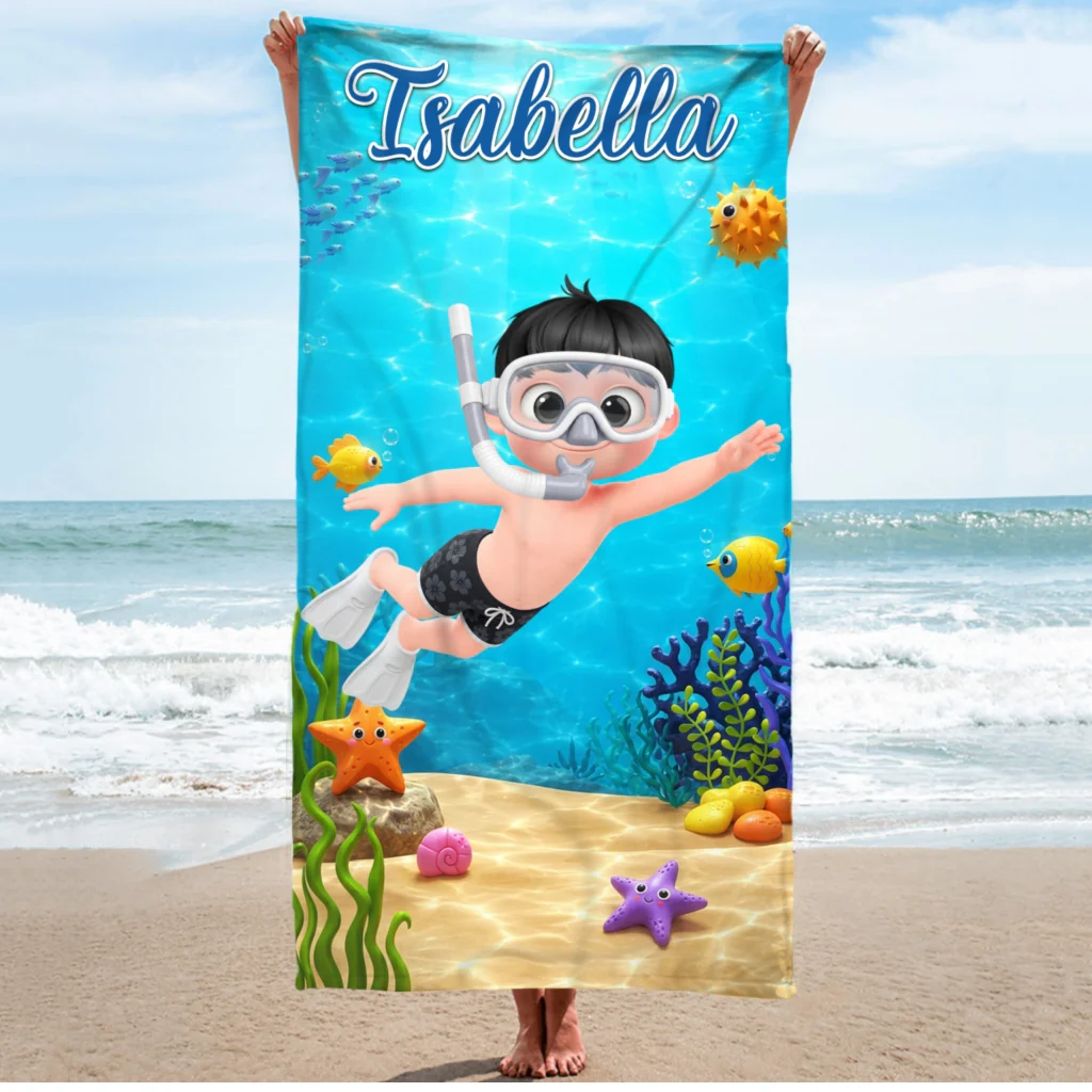 Kids Grandkids Swimming - Personalized Custom Beach Towel - Image 7