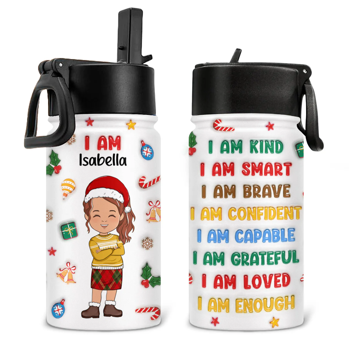 Kind Smart Loved Christmas - Personalized Custom 3D Inflated Effect Kids Water Bottle