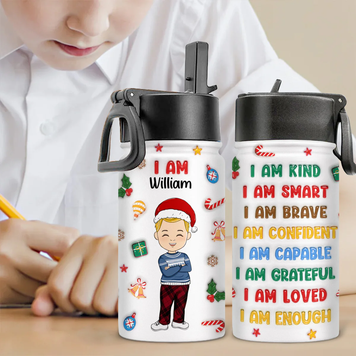 Kind Smart Loved Christmas - Personalized Custom 3D Inflated Effect Kids Water Bottle - Image 3