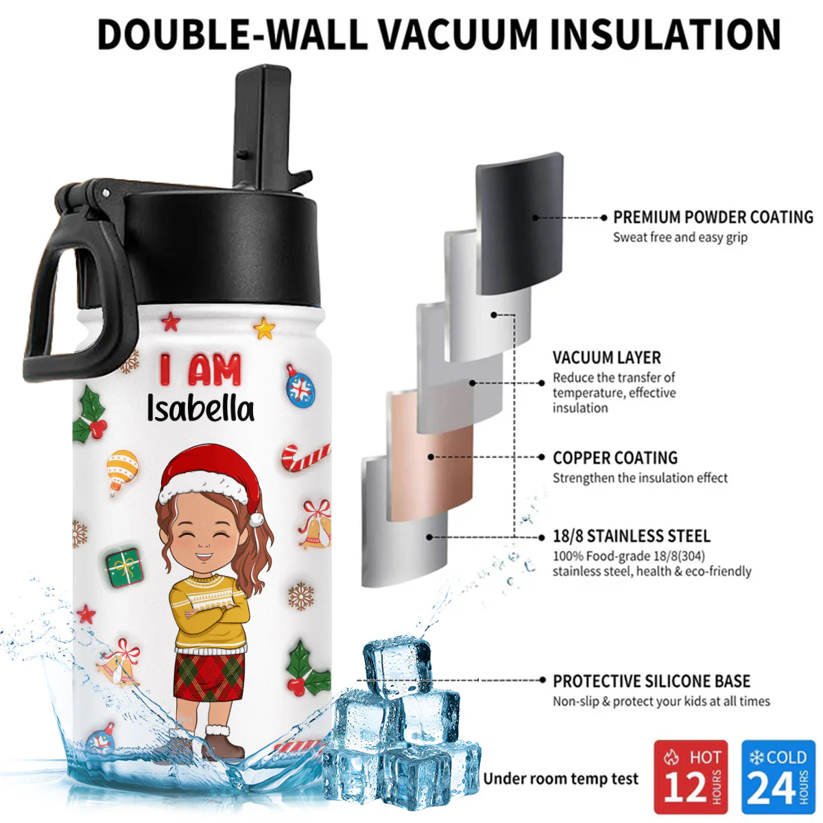 Kind Smart Loved Christmas - Personalized Custom 3D Inflated Effect Kids Water Bottle - Image 4