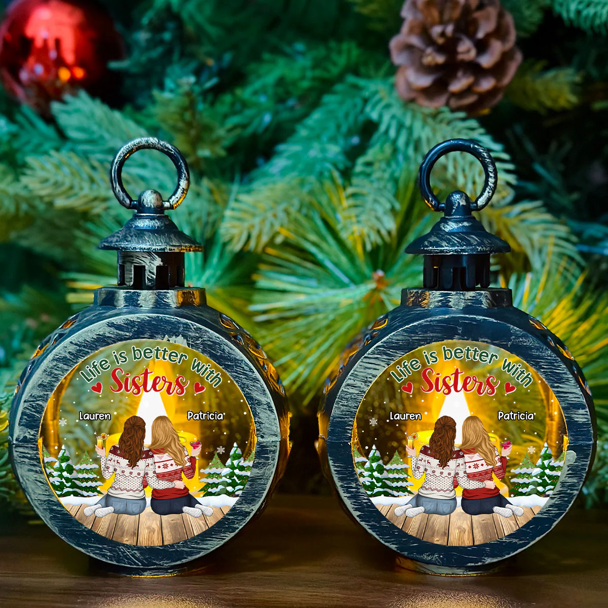 Life Is Better With Sisters - Personalized Custom Christmas Lantern - Image 3