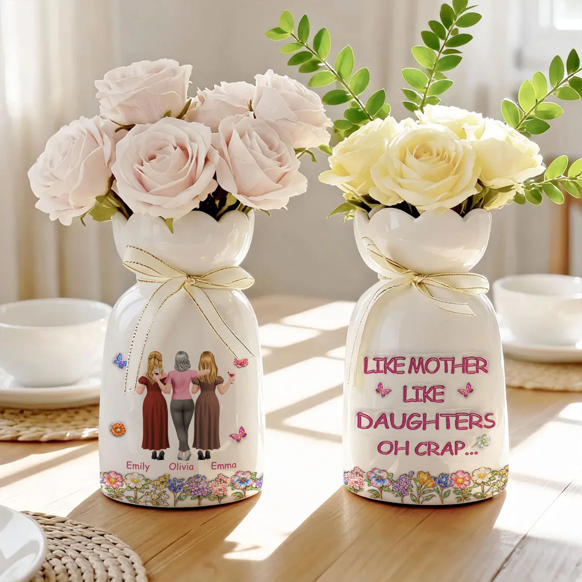 Like Mother Like Daughter - Personalized Custom 3D Effect Ribbon Tie Flower Vase - Image 2