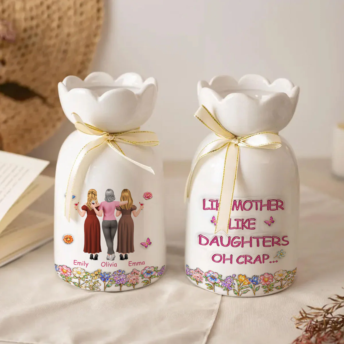 Like Mother Like Daughter - Personalized Custom 3D Effect Ribbon Tie Flower Vase - Image 3