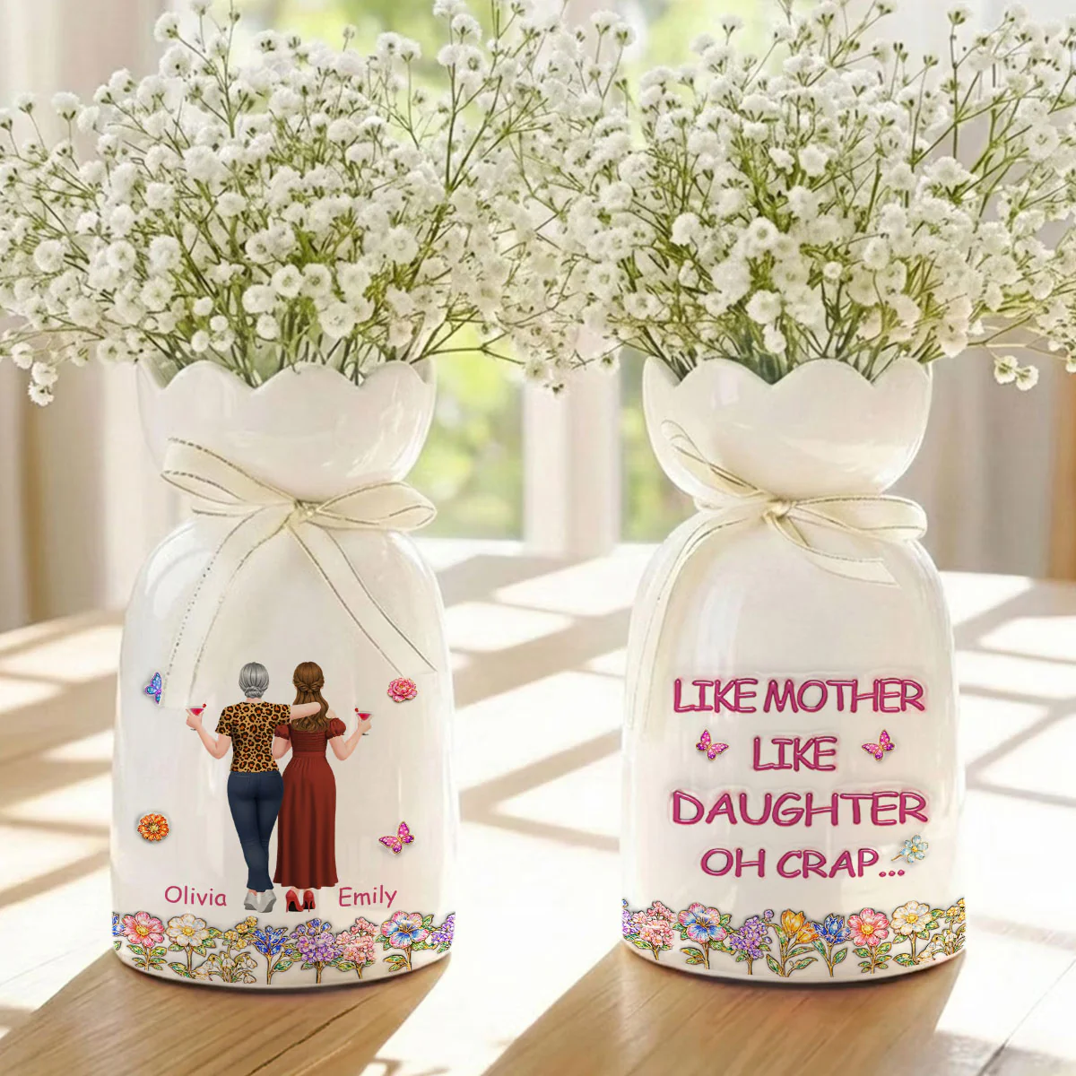Like Mother Like Daughter - Personalized Custom 3D Effect Ribbon Tie Flower Vase - Image 4